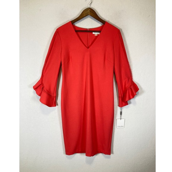Calvin Klein Dresses & Skirts - Sophisticated Calvin Klein Women 10 Red Bell Sleeve Lace Trim Sheath Dress‎ NEW